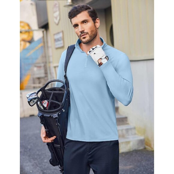 Men's Quarter Zip Sweatshirt UPF 50+ Long Sleeve Sun Protection Shirt Light Blue - Picture 2 of 6